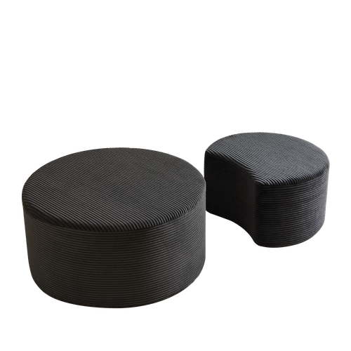 Table Basse Ronde 2 Pièces - Table Basse Mousse - Avec Pouf - Tissu - Noir