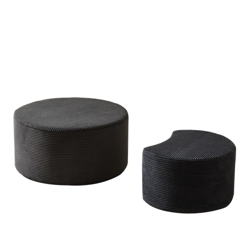 Table Basse Ronde 2 Pièces - Table Basse Mousse - Avec Pouf - Tissu - Noir
