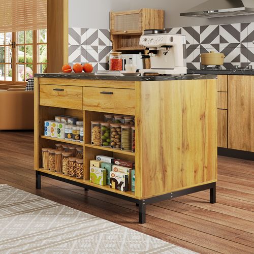 Îlot De Cuisine Rustique - Plan De Travail Bois Tiroirs Et Étagères - Bois - Chêne Naturel