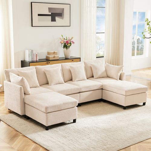 Canapé D’angle Modulaire - Repose-pieds Amovible - Assise Moelleuse - Contemporain - Chenille Beige