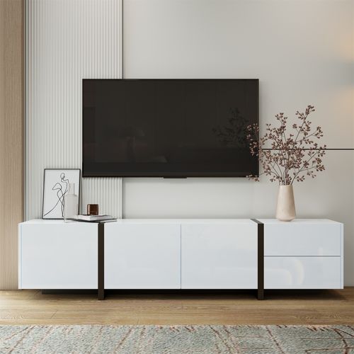Meuble TV Moderne Avec LED Intégrée, Portes Et Tiroirs De Rangement, Finition Blanc Brillant