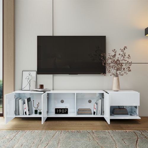 Meuble TV Moderne Avec LED Intégrée, Portes Et Tiroirs De Rangement, Finition Blanc Brillant