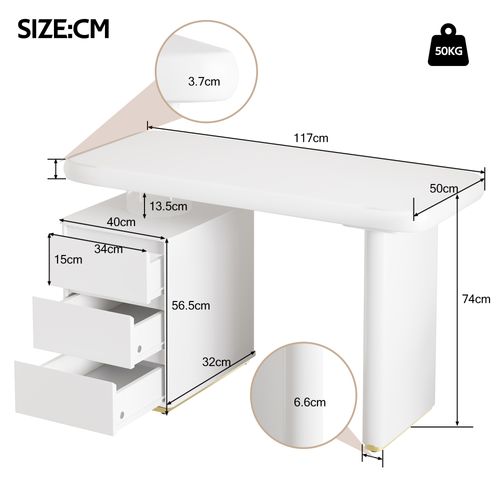 Bureau Avec 3 Tiroirs Et Design Forme Nuage - Mdf - 117x50x74 Cm - Blanc