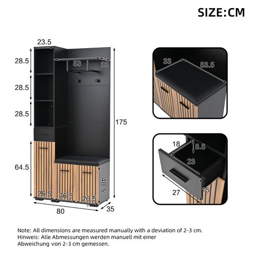 Meuble D'entrée Vestiaire Avec Banc De Rangement, LED Télécommandée Et 21 Compartiments, Noir