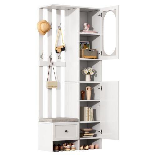 Meuble D'entrée Vestiaire Avec 2 Armoires, 1 Tiroir, Banc Et Étagères, Blanc Et Verre Trempé