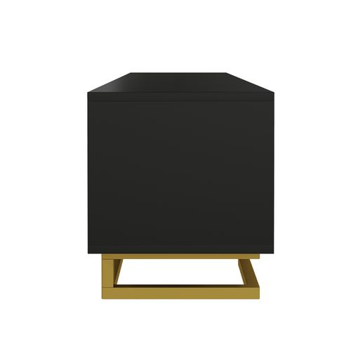 Meuble TV Moderne Avec Portes Texturées Et Poignées Dorées, Pieds Dorés, Meuble Bas Noir