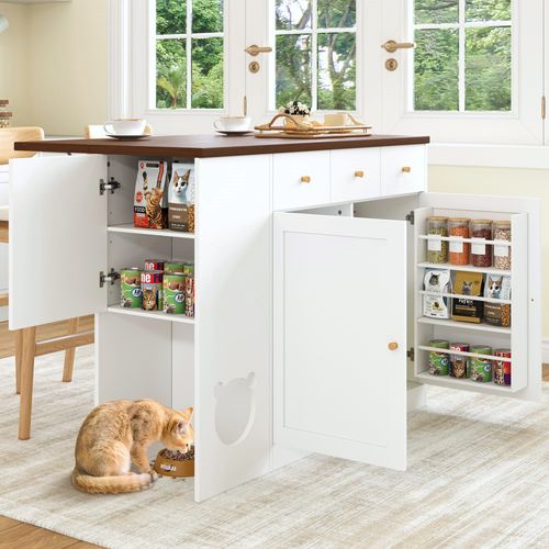 Îlot De Cuisine - Desserte De Cuisine Multifonction Extensible - Tiroirs Et Gamelles - Mdf - Noyer