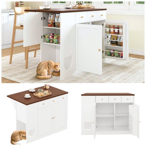 Îlot De Cuisine - Desserte De Cuisine Multifonction Extensible - Tiroirs Et Gamelles - Mdf - Noyer