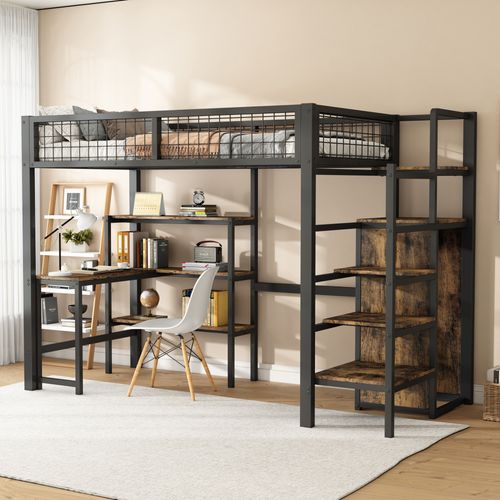 Lit Mezzanine Enfant 90x200 Cm - Lit Simple Avec Bureau Et Rangement - Cadre Métallique - Noir