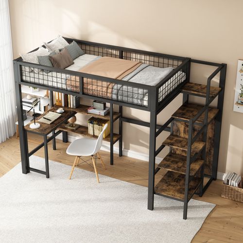 Lit Mezzanine Enfant 90x200 Cm - Lit Simple Avec Bureau Et Rangement - Cadre Métallique - Noir