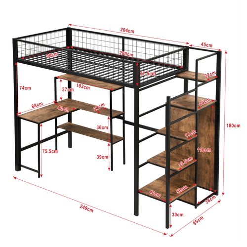Lit Mezzanine Enfant 90x200 Cm - Lit Simple Avec Bureau Et Rangement - Cadre Métallique - Noir