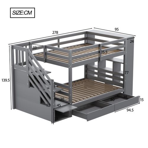 Lit Superposé Enfant 90x200 Cm - Rangements - Escalier Sécurisé - Pin + Mdf - Gris