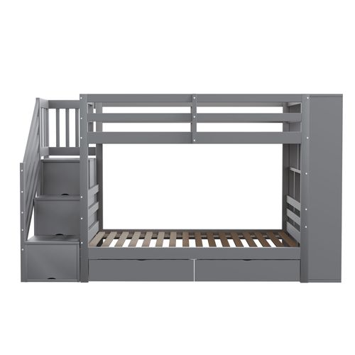 Lit Superposé Enfant 90x200 Cm - Rangements - Escalier Sécurisé - Pin + Mdf - Gris