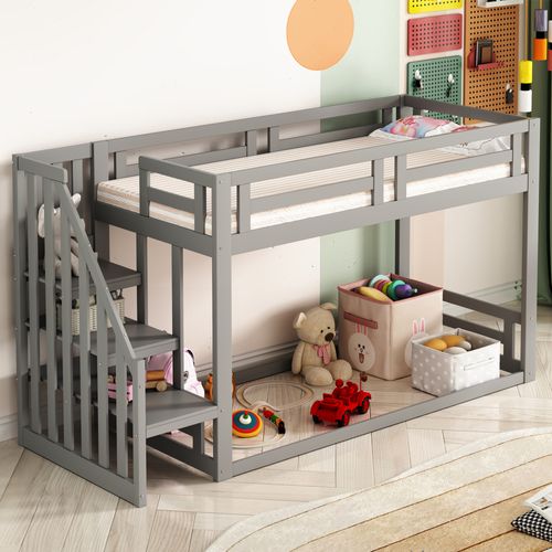 Lit Superposé Enfant 90×200 Cm - Toit - Escalier Intégré - Cadre Robuste - Bois Massif - Gris