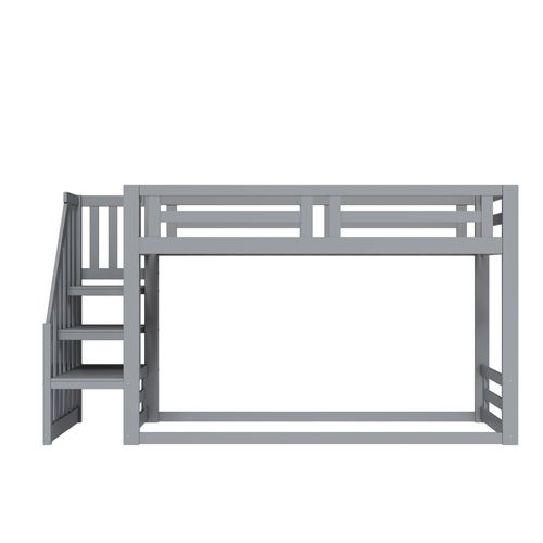 Lit Superposé Enfant 90×200 Cm - Toit - Escalier Intégré - Cadre Robuste - Bois Massif - Gris