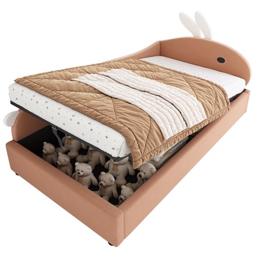 Lit Coffre 90x200 Cm - Lit Enfant Avec Rangement Hydraulique Et Tête Lapin Gauche - Velours - Rouge