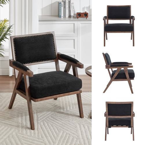Fauteuil Lounge Avec Accoudoirs, Style Scandinave, 1 Place, Assise En Lin, Structure Stable – Noir
