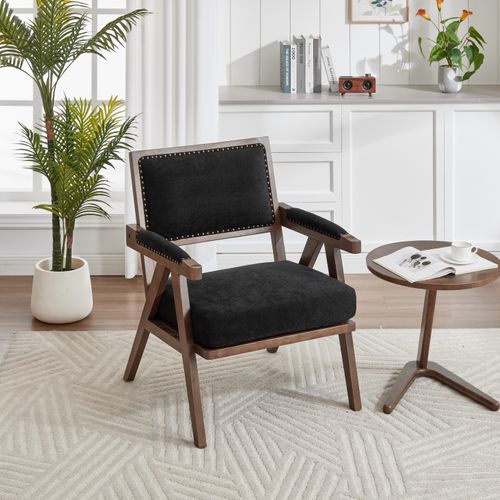 Fauteuil Lounge Avec Accoudoirs, Style Scandinave, 1 Place, Assise En Lin, Structure Stable – Noir