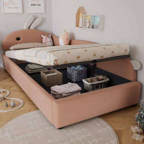 Lit Coffre 90x200 Cm - Lit Enfant Avec Rangement Hydraulique Et Tête Lapin Droite - Velours Rouge