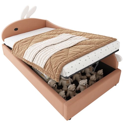 Lit Coffre 90x200 Cm - Lit Enfant Avec Rangement Hydraulique Et Tête Lapin Droite - Velours Rouge