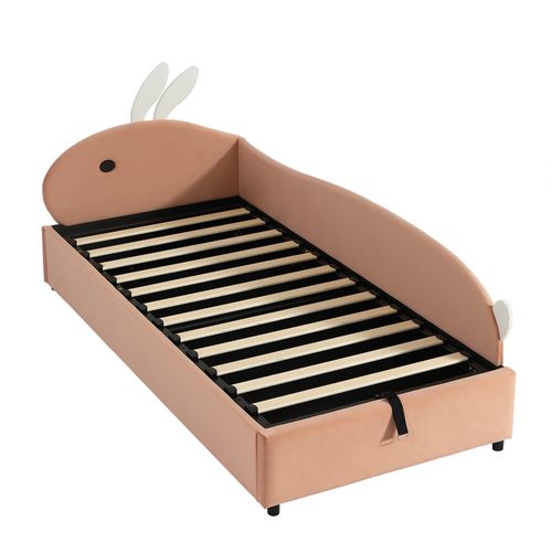 Lit Coffre 90x200 Cm - Lit Enfant Avec Rangement Hydraulique Et Tête Lapin Droite - Velours Rouge