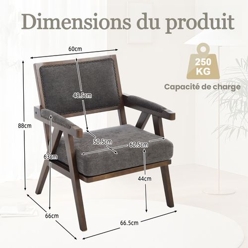 Fauteuil Lounge Avec Accoudoirs, Style Scandinave, 1 Place, Assise En Lin, Structure Fiable– Gris
