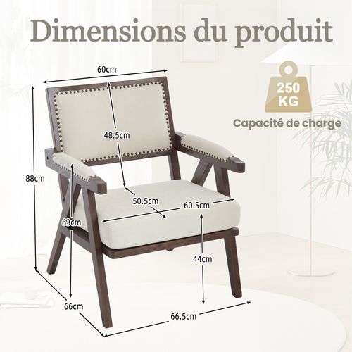 Fauteuil Lounge Avec Accoudoirs, Style Scandinave, 1 Place, Assise En Lin, Structure Stable – Beige