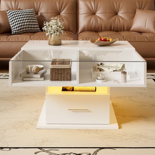Table Basse Relevable Avec Tiroir Et LED, 78×78×45,5/59,5 Cm, Blanc