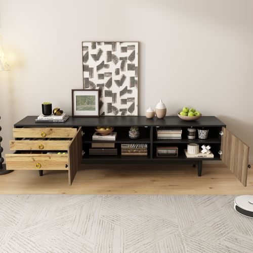 Meuble TV Bas - 3 Tiroirs Et Portes - Design Ondulé Contemporain - Panneaux Particules - Bois Noir