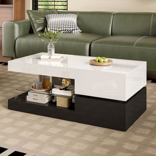 Table Basse Moderne Contemporaine Avec LED, Contrôle App Et Bluetooth, 90×45×35,5 Cm, Noir/blanc