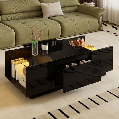 Table Basse Moderne Rectangulaire Avec LED Et Rangements, 105×50×35 Cm, Noir