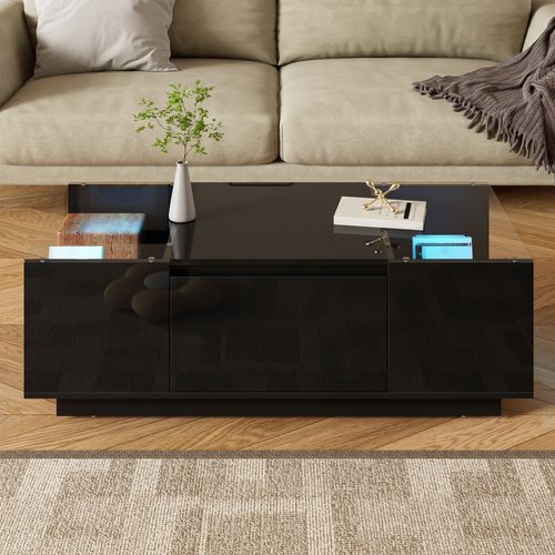 Table Basse Moderne Rectangulaire Avec LED Et Rangements, 105×50×35 Cm, Noir