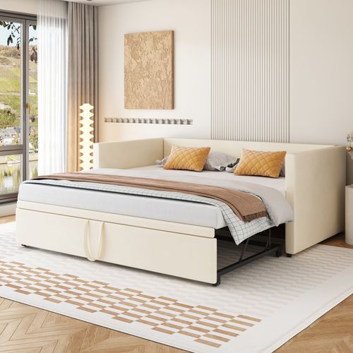 Lit Gigogne 90/180x200 - Lit Multifonction - Gain De Place - Sommier à Lattes - Beige