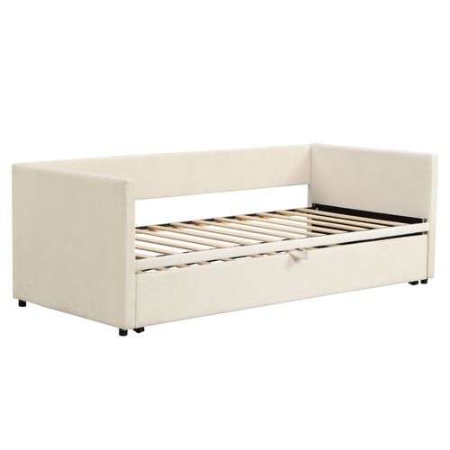 Lit Gigogne 90/180x200 - Lit Multifonction - Gain De Place - Sommier à Lattes - Beige