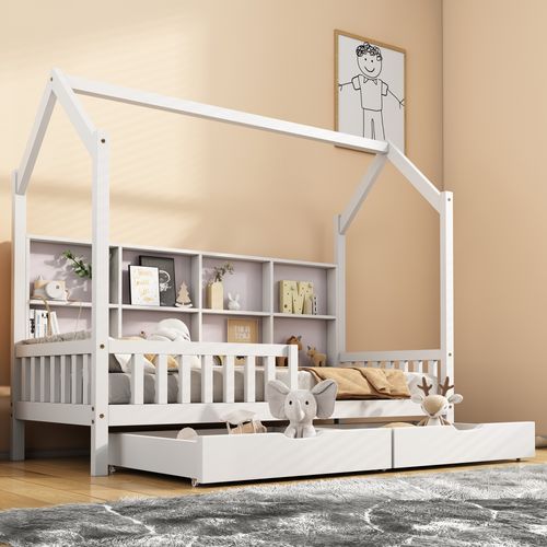 Lit Enfant Cabane 90x200 - Rangements Intégrés -tiroirs Pratiques -cheminée Décorative -bois - Blanc