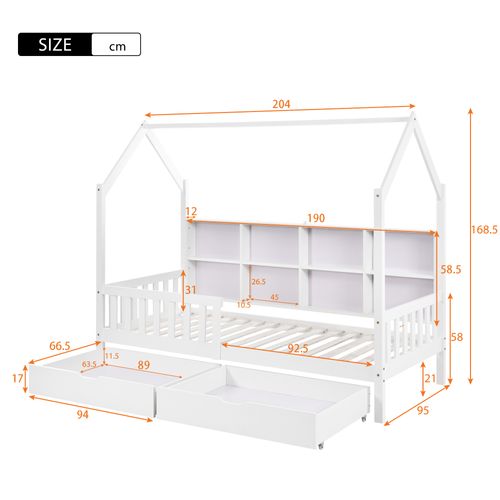 Lit Enfant Cabane 90x200 - Rangements Intégrés -tiroirs Pratiques -cheminée Décorative -bois - Blanc