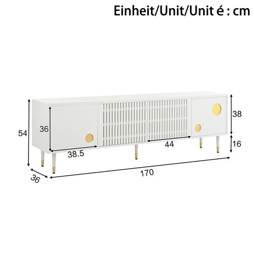 Meuble TV Contemporain - 2 Portes - Rangements Fermés - Finition Dorée - Mdf - Blanc