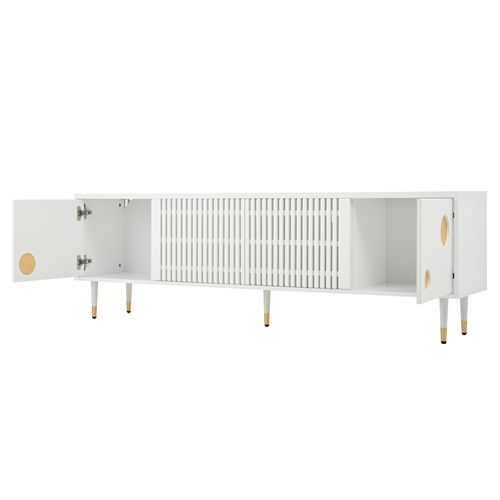 Meuble TV Contemporain - 2 Portes - Rangements Fermés - Finition Dorée - Mdf - Blanc