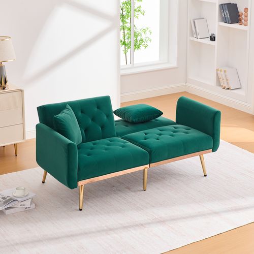 Canapé-lit Convertible 2 Places - Dossier Réglable Avec Coussins, Pieds Métal, Velours Émeraude
