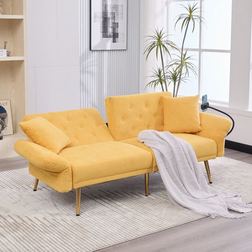 Canapé-lit Convertible 2 Places - Dossier Réglable, 2 Ports USB, Poches Latérales, Chenille Jaune