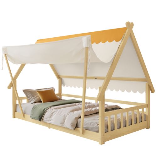Lit Enfant 90x200 Cm - Cabane - Sommier Inclus - Barrières De Sécurité - Bois De Pin - Naturel