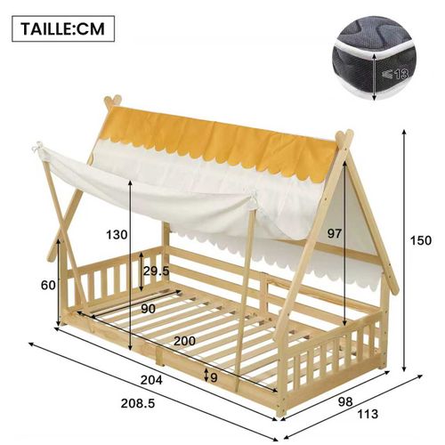 Lit Enfant 90x200 Cm - Cabane - Sommier Inclus - Barrières De Sécurité - Bois De Pin - Naturel