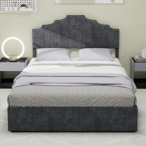 Lit Coffre Double 160×200 Cm - Vérin - Lit Capitonné - Design Moderne Élégant - Velours - Gris