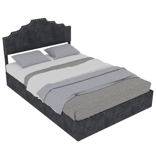Lit Coffre Double 160×200 Cm - Vérin - Lit Capitonné - Design Moderne Élégant - Velours - Gris