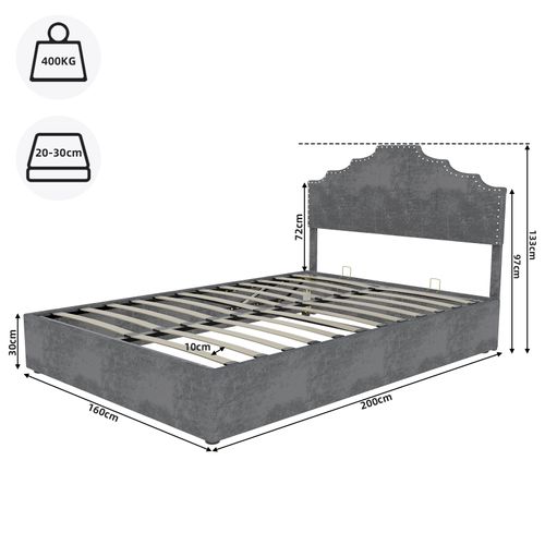 Lit Coffre Double 160×200 Cm - Vérin - Lit Capitonné - Design Moderne Élégant - Velours - Gris