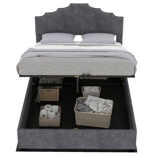 Lit Coffre Double 160×200 Cm - Vérin - Lit Capitonné - Design Moderne Élégant - Velours - Gris