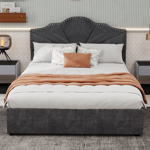 Lit Coffre Double 160×200 Cm - Capitonné Haut Moderne - Vérin - Lit Adulte - Tissu - Gris