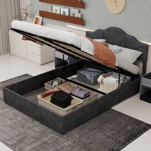 Lit Coffre Double 160×200 Cm - Capitonné Haut Moderne - Vérin - Lit Adulte - Tissu - Gris