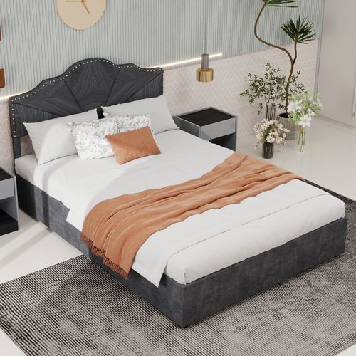 Lit Coffre Double 160×200 Cm - Capitonné Haut Moderne - Vérin - Lit Adulte - Tissu - Gris