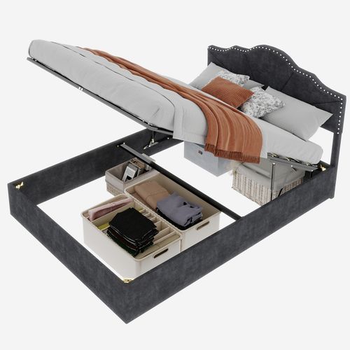 Lit Coffre Double 160×200 Cm - Capitonné Haut Moderne - Vérin - Lit Adulte - Tissu - Gris